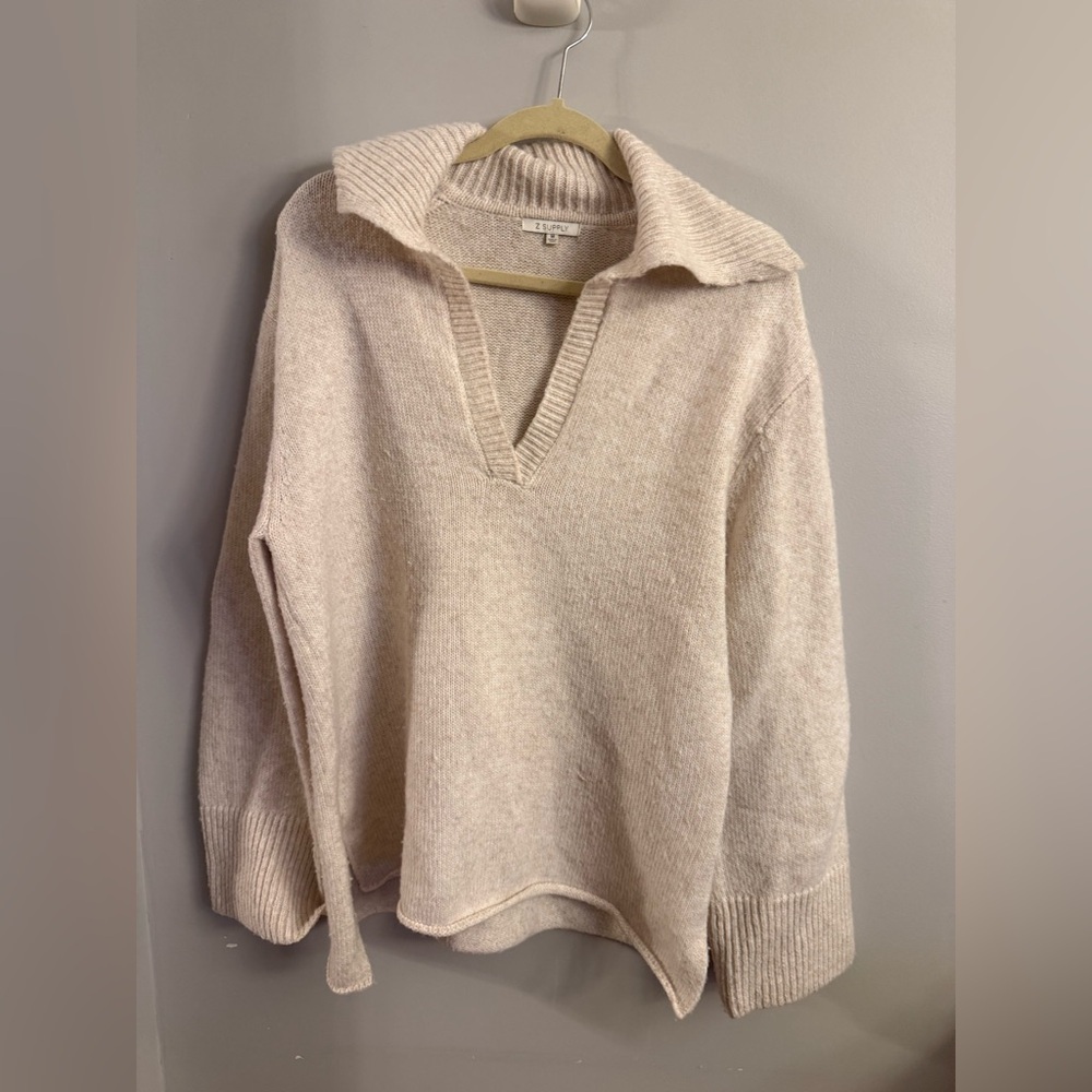 Z SUPPLY Collared Knit Sweater Women’s Medium | Oatmeal Pullover | Deep V Neck